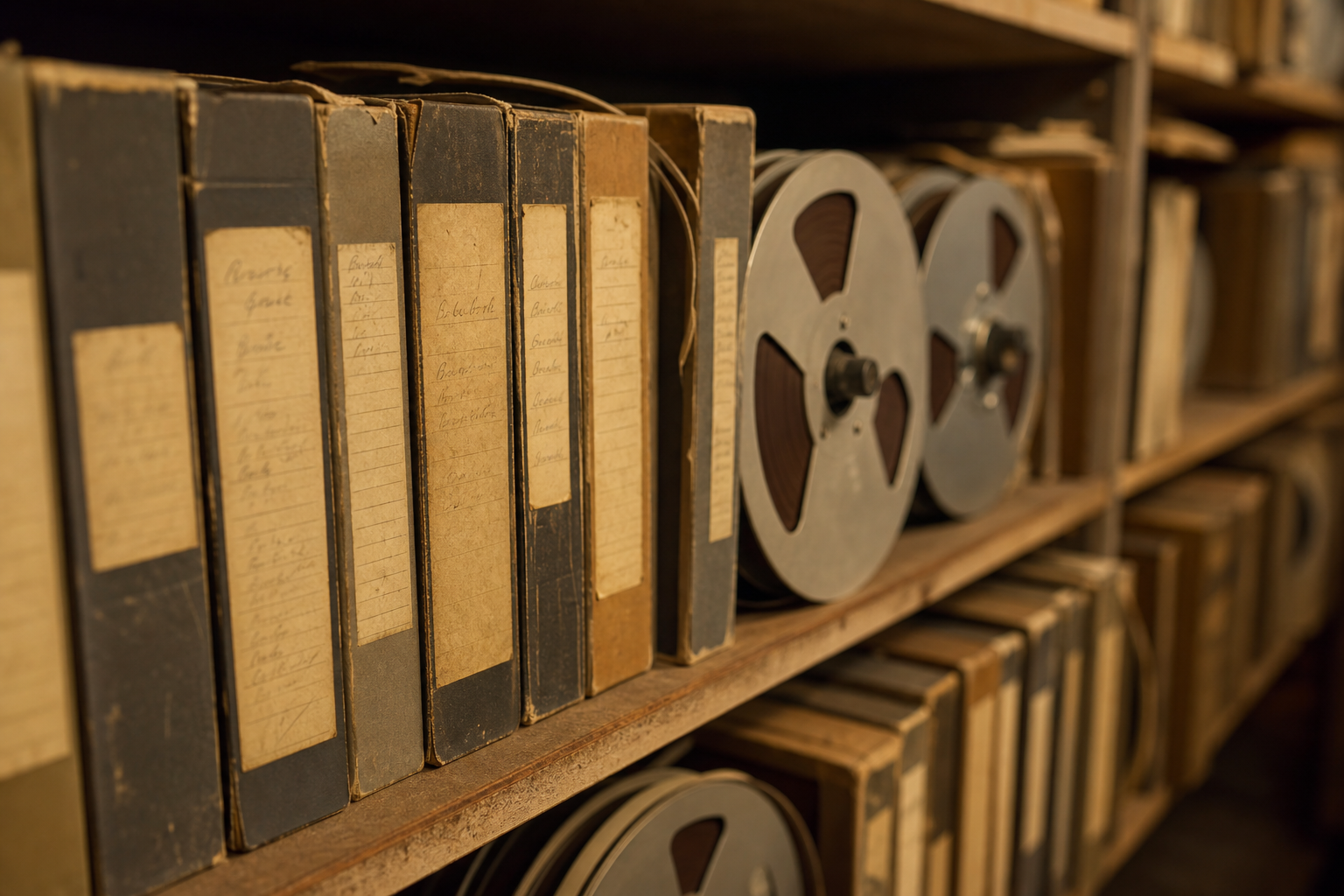 Étagère d'archives sonores avec bandes et bobines étiquetées à la main — bande 01