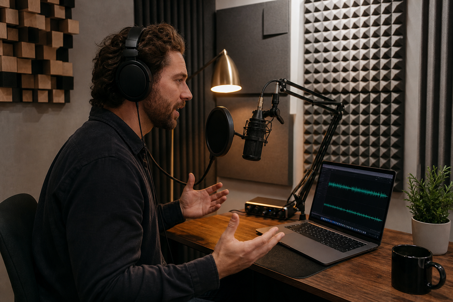 Enregistrement d'un podcast en cabine insonorisée avec micro à large membrane