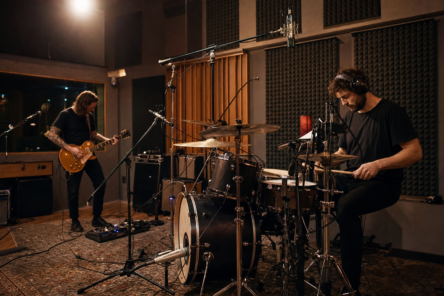 Groupe de musiciens en session d'enregistrement studio avec micros professionnels